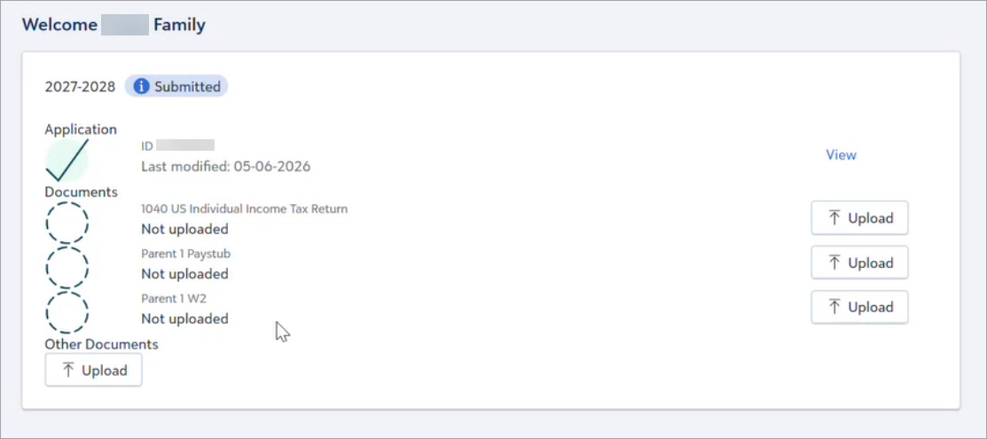 Parent landing page year tile with no documents uploaded